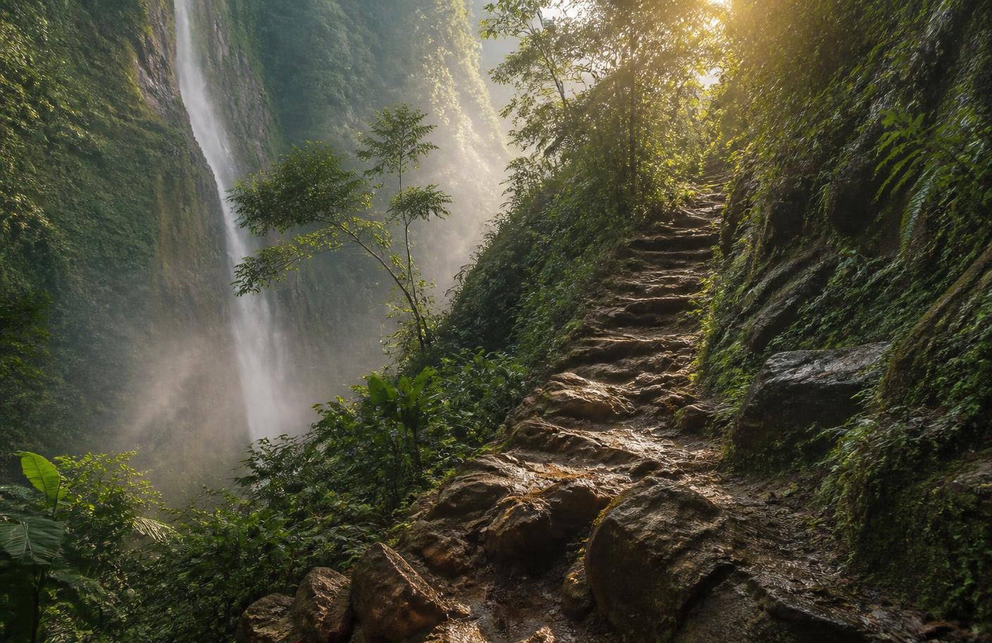 Trilha rochosa subindo pela mata com cachoeira ao fundo